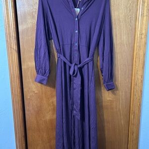 NWT Boden Deep Purple Long-Sleeve Button-Front Maxi Dress with Tie Belt